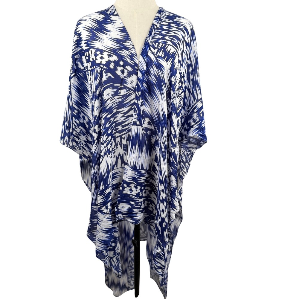 Michael Stars Ruana Kimono Wrap OS Blue White Ikat Abstract Print Coverup Boho
